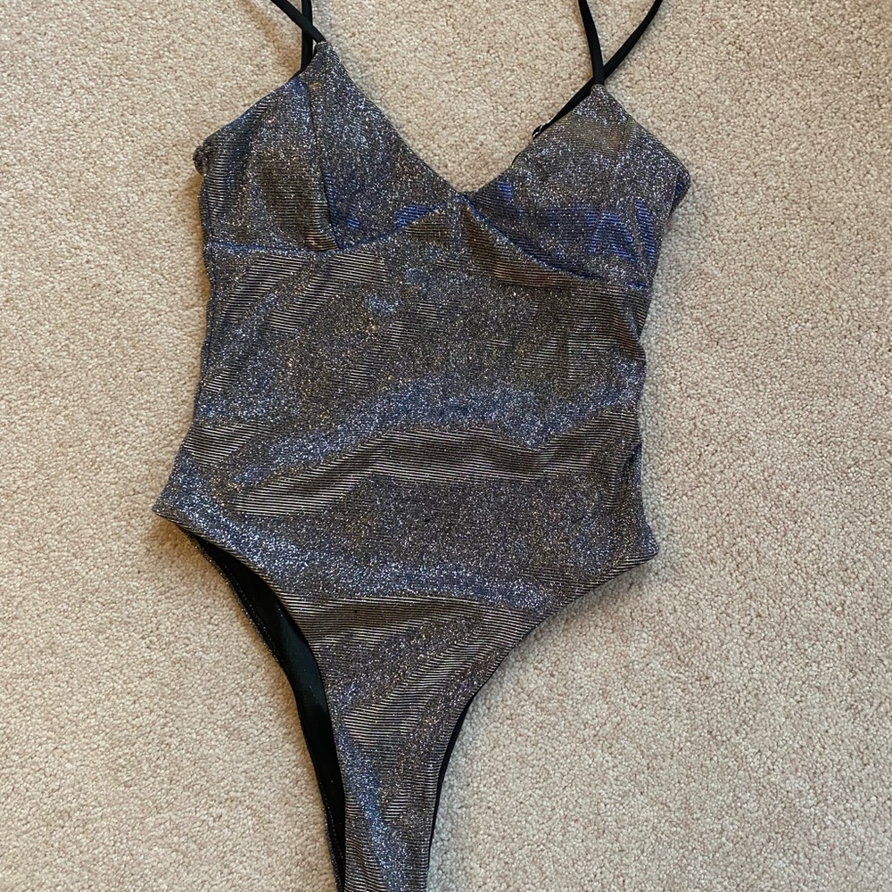 SHEIN blue shimmer one piece bathing suit